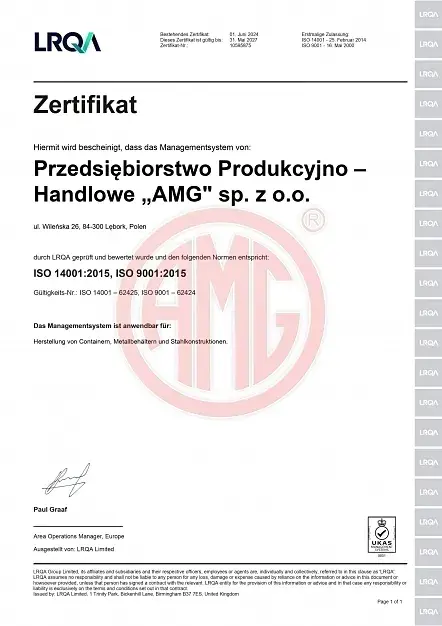 Zertifikat  ISO 9001:2015 und ISO 14001:2015